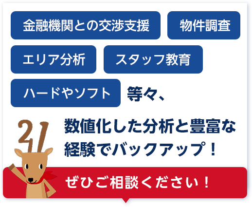 金融機関との交渉、物件調査、エリア分析、スタッフ教育、ハードやソフト等々、数値化した分析と豊富な経験でバックアップ!